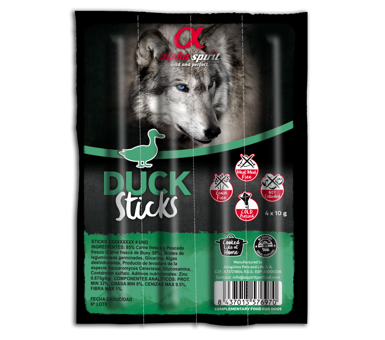 Alpha Spirit Barritas 4 Unid Pato para Perros