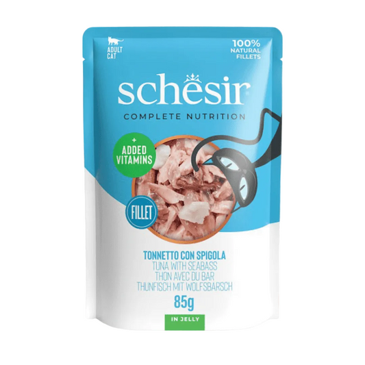 Comida húmeda para gatos adultos Schesir atún con lubina 85g