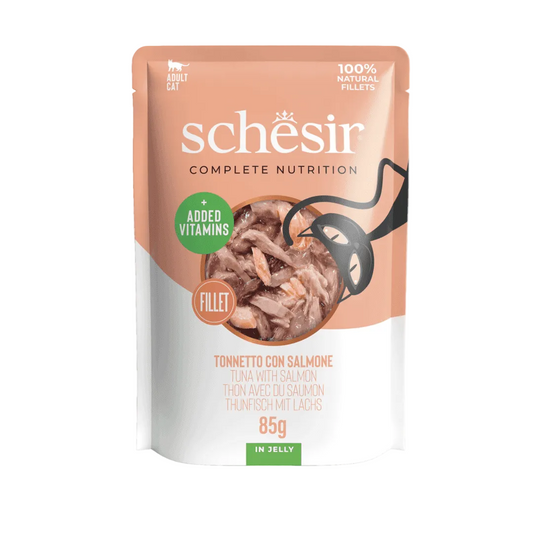 Comida húmeda para gatos adultos Schesir atún con salmón 85g