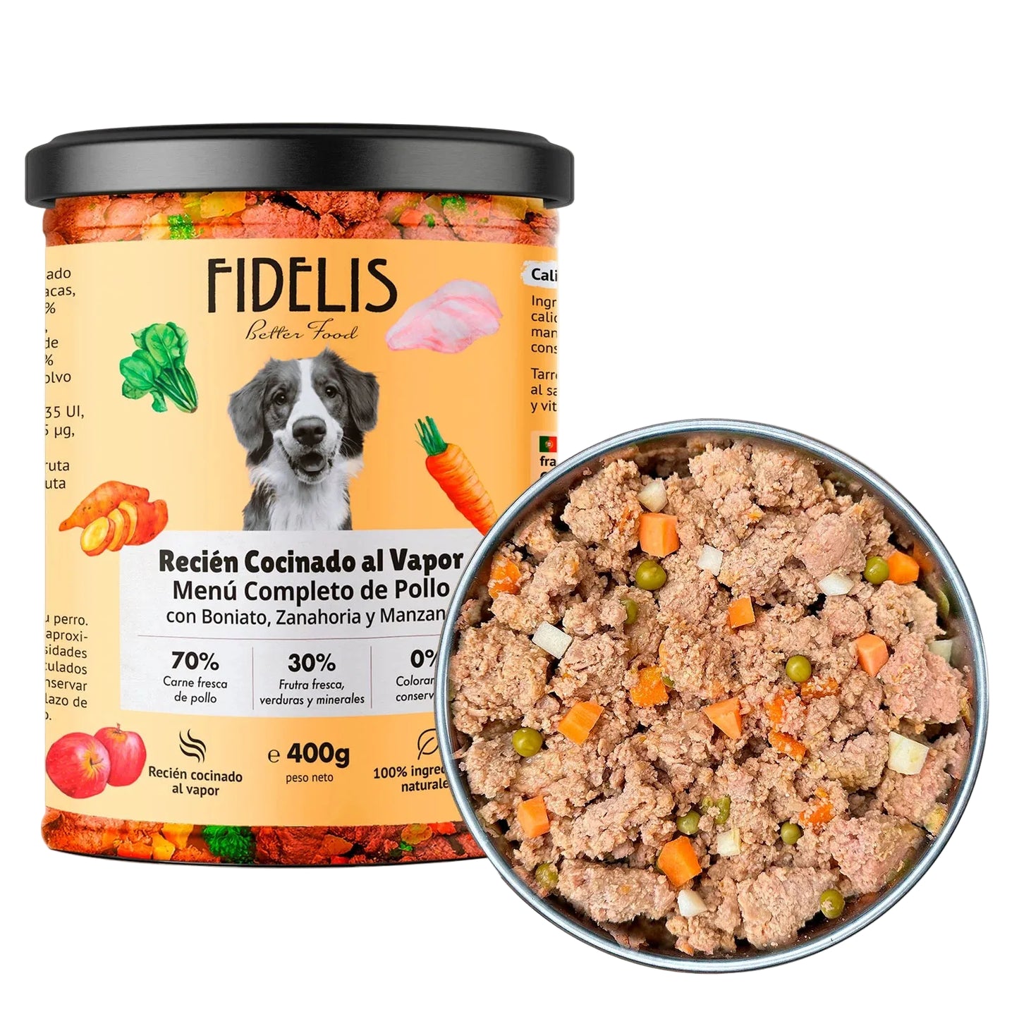 Pollo con boniato, zanahoria y manzana – Alimento Completo para perros fidelis