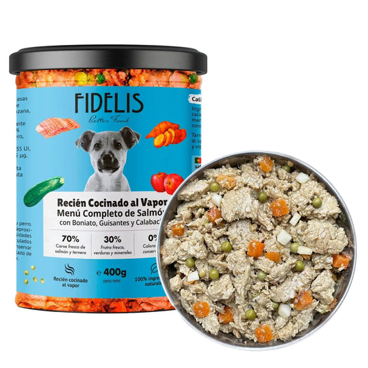Salmón con boniato, guisantes y calabacín – Alimento Completo para perros fidelis